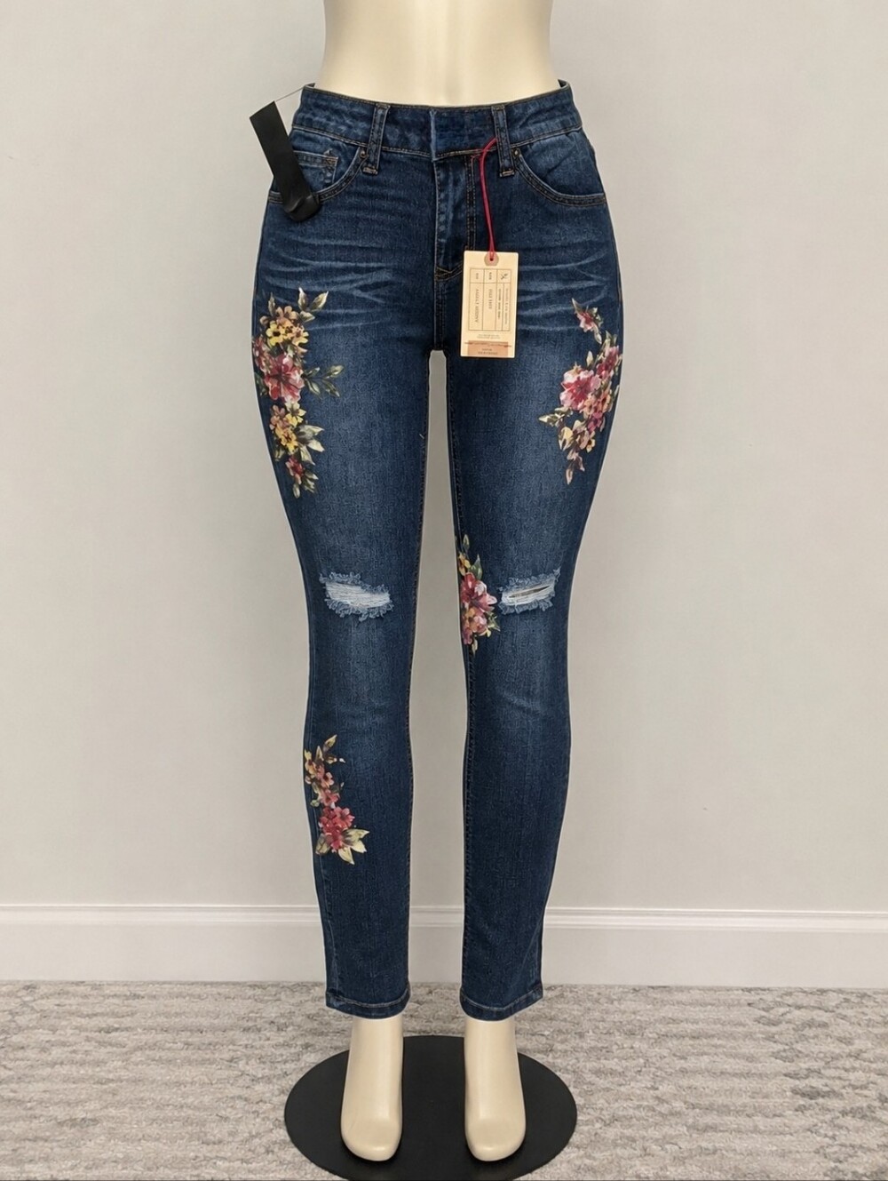 Angel Kiss Dark Blue Skinny Jeans with Floral Prints
